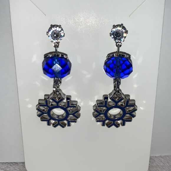 New Hand Crafted Snowflake Dangling Stus Post Earrings with Blue Glass Beads - Picture 5 of 11